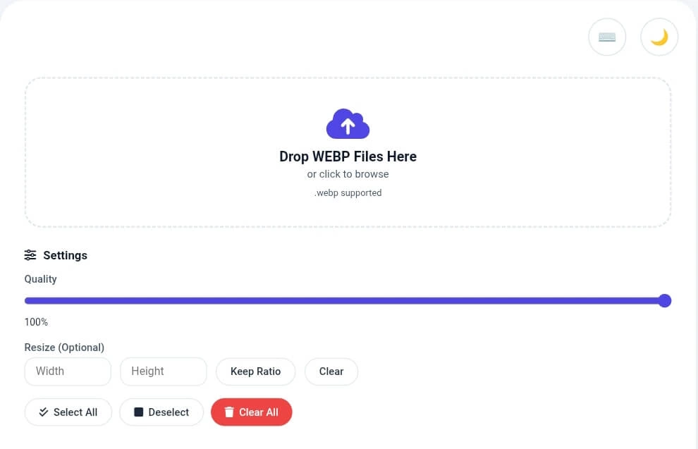 WEBP to PNG converter main dashboard showing upload area with drop zone, quality slider at 85%, and resize width height options