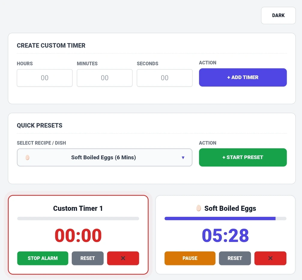 Cooking timer dashboard showing create custom timer with hours, minutes, seconds inputs and add timer button, quick presets dropdown with soft boiled eggs option, active timer card displaying soft boiled eggs with 05:28 remaining, stop alarm, pause, and reset buttons