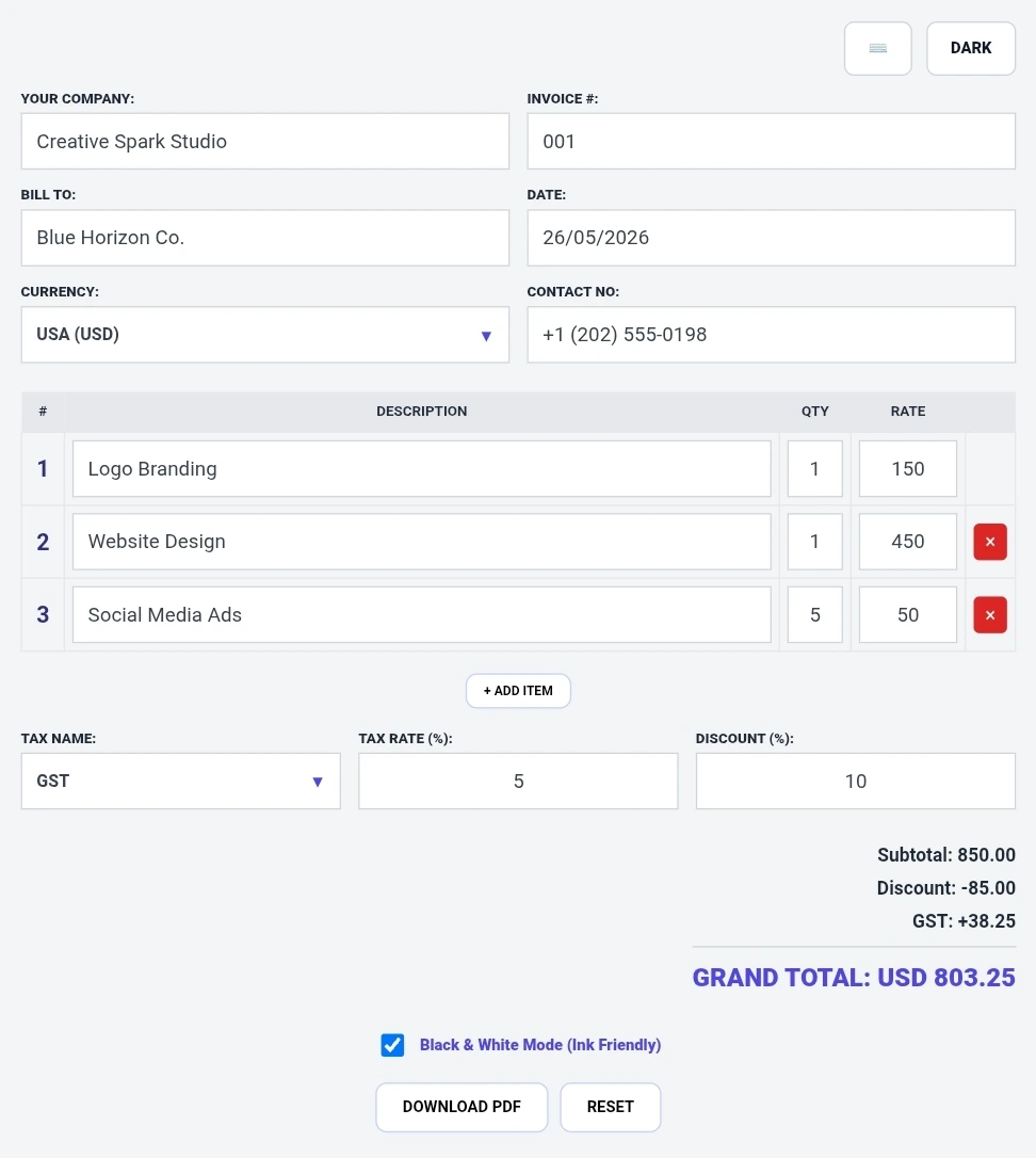 Invoice generator tool dashboard showing company name Blue Horizon Co., invoice number 001, bill to section, date 26/05/2026, currency USD, contact number, itemized table with Logo Branding, Website Design, Social Media Ads, tax name GST at 5%, discount at 10%, subtotal 850, discount 85, GST 38.25, grand total USD 803.25