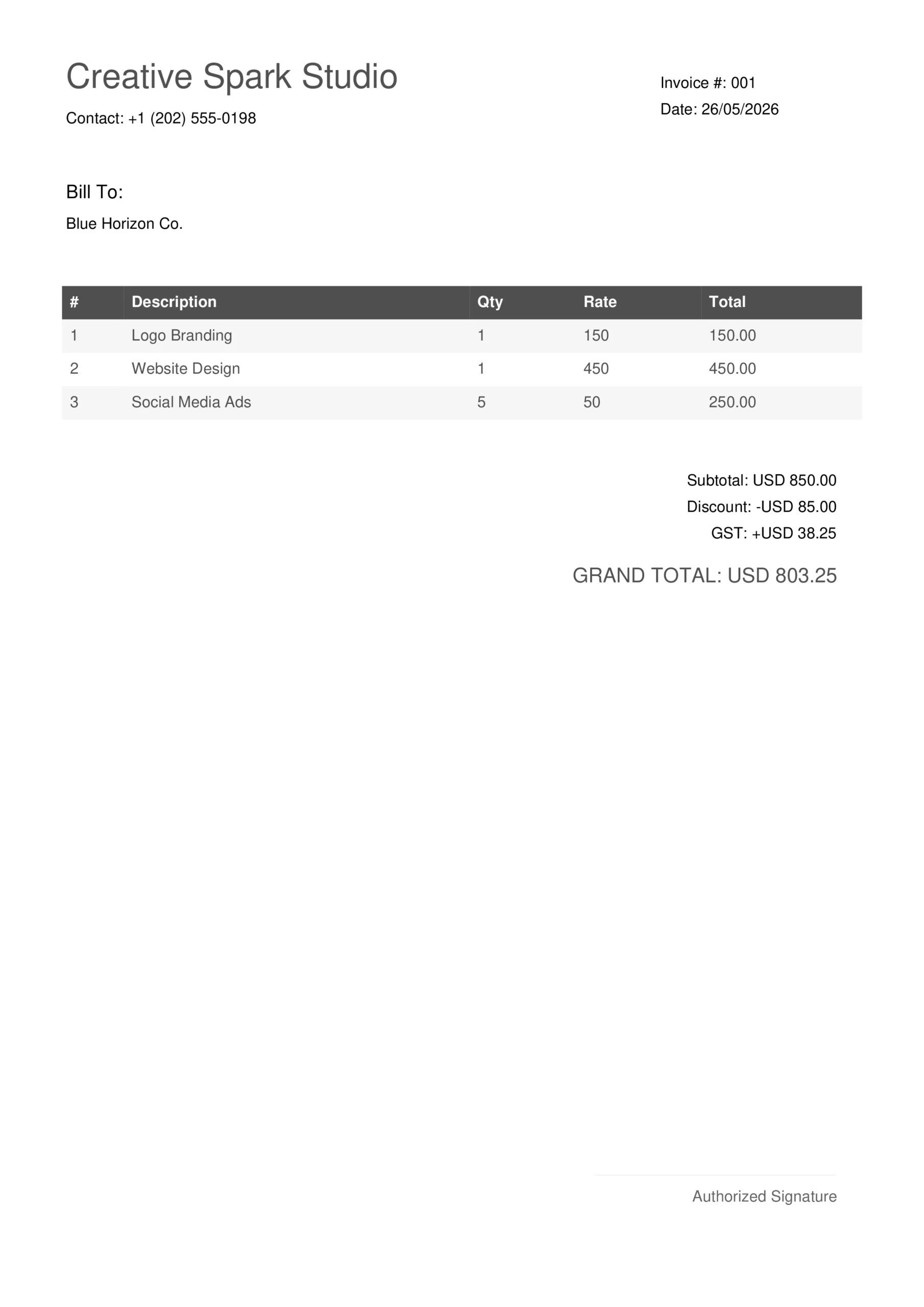 Invoice generator sample showing completed invoice with Blue Horizon Co as bill to, three line items (Logo Branding 150, Website Design 450, Social Media Ads 250), subtotal USD 850, discount USD 85, GST USD 38.25, grand total USD 803.25