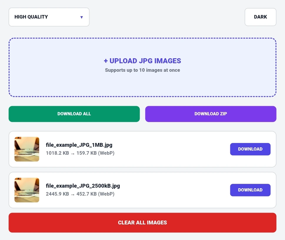 JPG to WebP converter tool showing quality dropdown with High Quality selected, dark mode toggle, upload zone for JPG images, file list showing file_example_JPG_1MB.jpg converting from 1018.2 KB to 159.7 KB WebP and file_example_JPG_2500kB.jpg from 2445.9 KB to 452.7 KB WebP