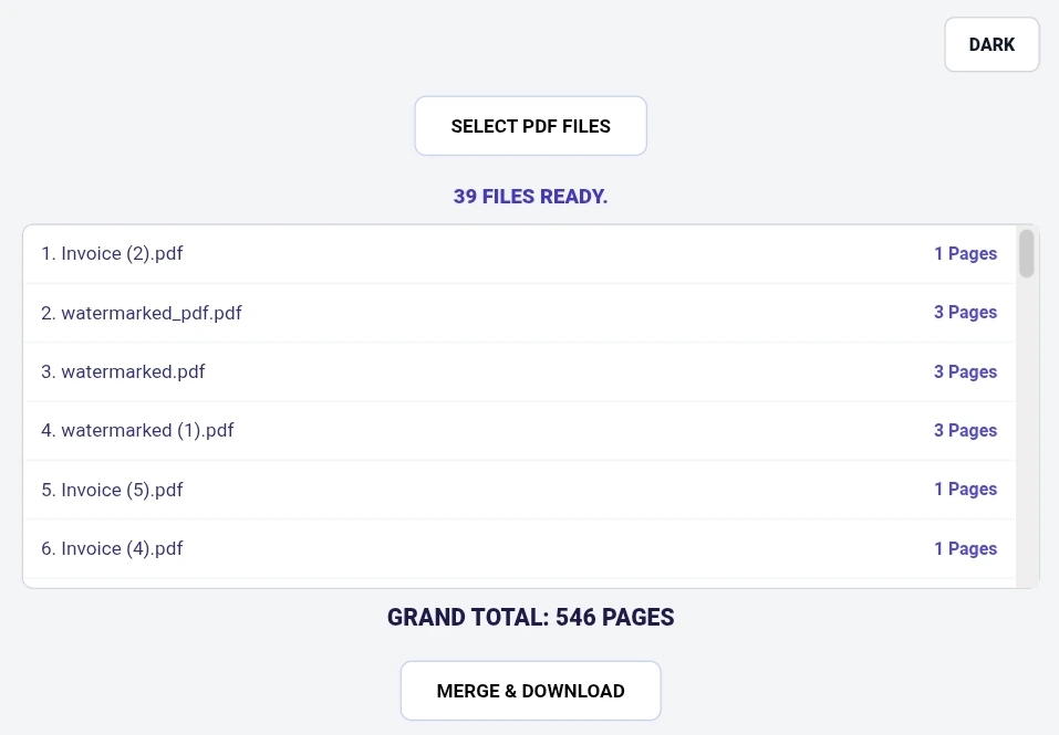 PDF merger tool dashboard showing dark mode toggle, select PDF files button, file list with 6 files showing names and page counts (Invoice (2).pdf 1 page, watermarked_pdf.pdf 3 pages, watermarked.pdf 3 pages, watermarked (1).pdf 3 pages, Invoice (5).pdf 1 page, Invoice (4).pdf 1 page), grand total 546 pages, and merge & download button