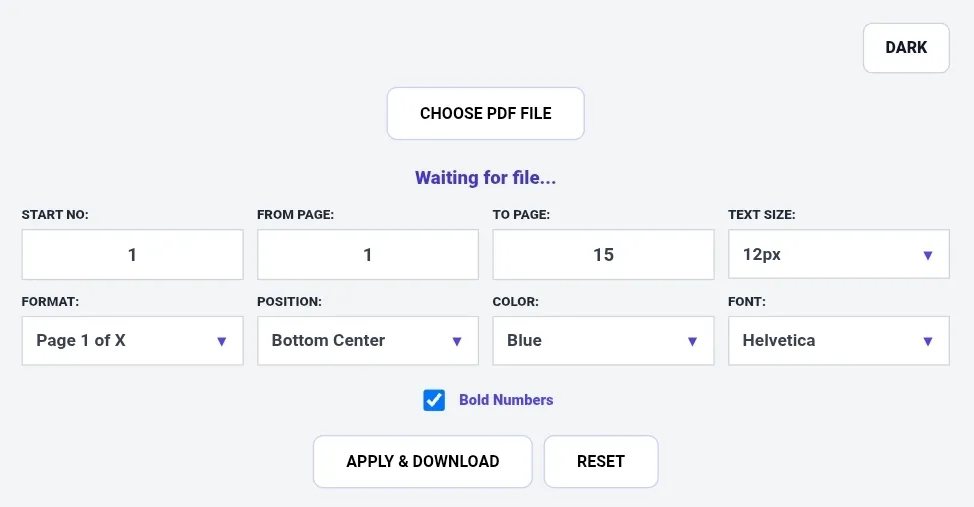 PDF numbering tool dashboard showing dark mode toggle, choose PDF file button, start number 1, from page 1, to page 15, text size 12px, format Page 1 of X, position Bottom Center, color Blue, font Helvetica, bold numbers checkbox, apply & download button, and reset button