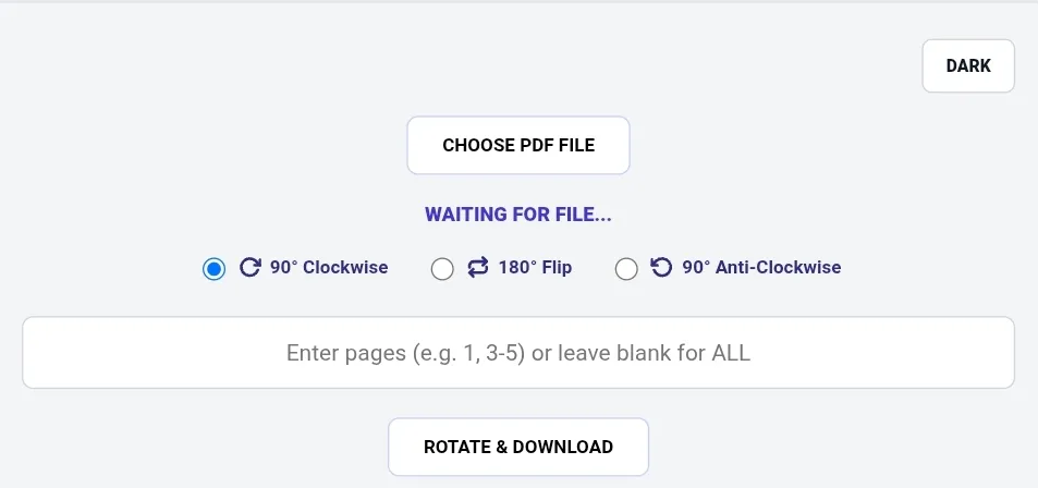 PDF rotator tool dashboard showing dark mode toggle, choose PDF file button, status message "Waiting for file...", rotation options for 90° clockwise, 180° flip, and 90° anti-clockwise, input field for page selection, and rotate & download button
