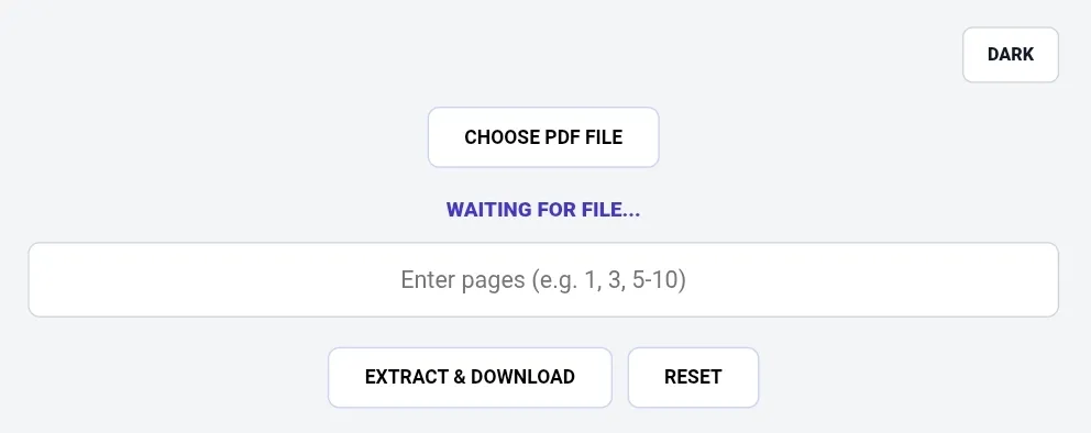 PDF splitter tool dashboard showing dark mode toggle, choose PDF file button, status message "Waiting for file...", input field for page numbers (e.g., 1, 3, 5-10), extract & download button, and reset button