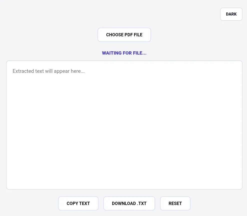 PDF to text converter tool dashboard showing dark mode toggle, choose PDF file button, status message "Waiting for file...", empty text area for extracted text, copy text button, download .txt button, and reset button
