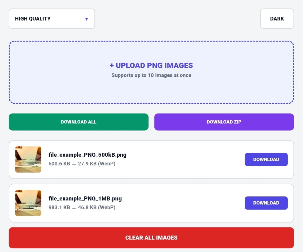 PNG to WebP converter tool showing quality dropdown with High Quality selected, dark mode toggle, upload zone for PNG images, file list showing file_example_PNG_500kB.png converting from 500.6 KB to 27.9 KB WebP and file_example_PNG_1MB.png from 983.1 KB to 46.8 KB WebP