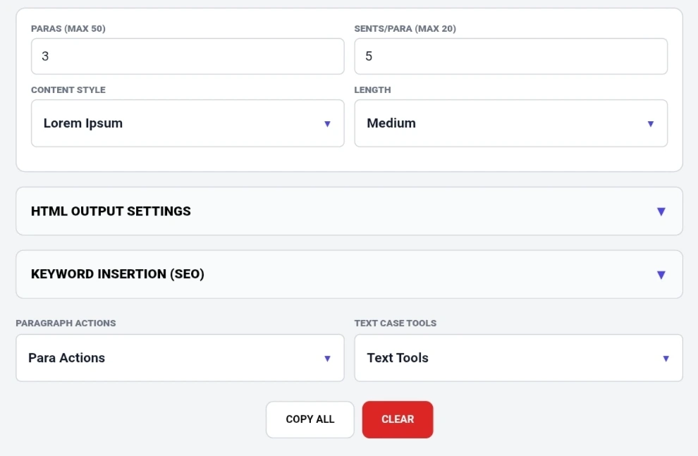 Random paragraph generator showing HTML Output Settings panel, Keyword Insertion panel for SEO, Paragraph Actions dropdown, and Text Case Tools dropdown