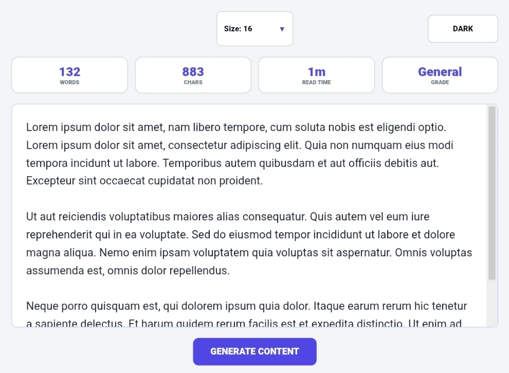 Random paragraph generator dashboard showing stats for words, characters, read time, grade, with text area displaying generated lorem ipsum paragraphs, paragraph count input, sentences per paragraph, content style dropdown, and length dropdown