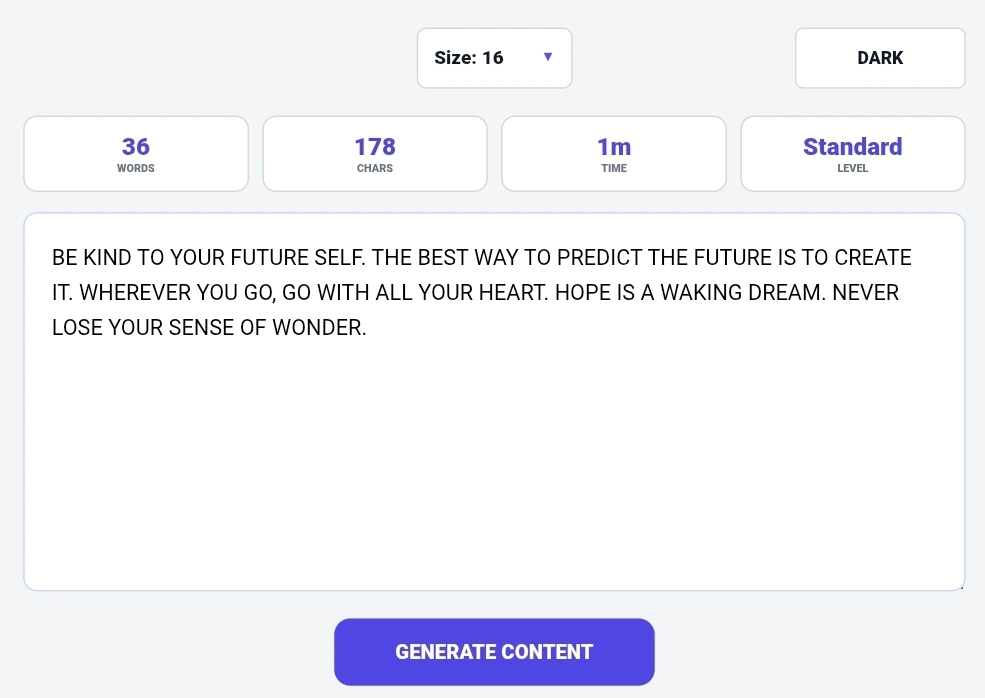 Random sentence generator dashboard showing stats for words count, characters count, reading time, and level with a text area displaying motivational quotes