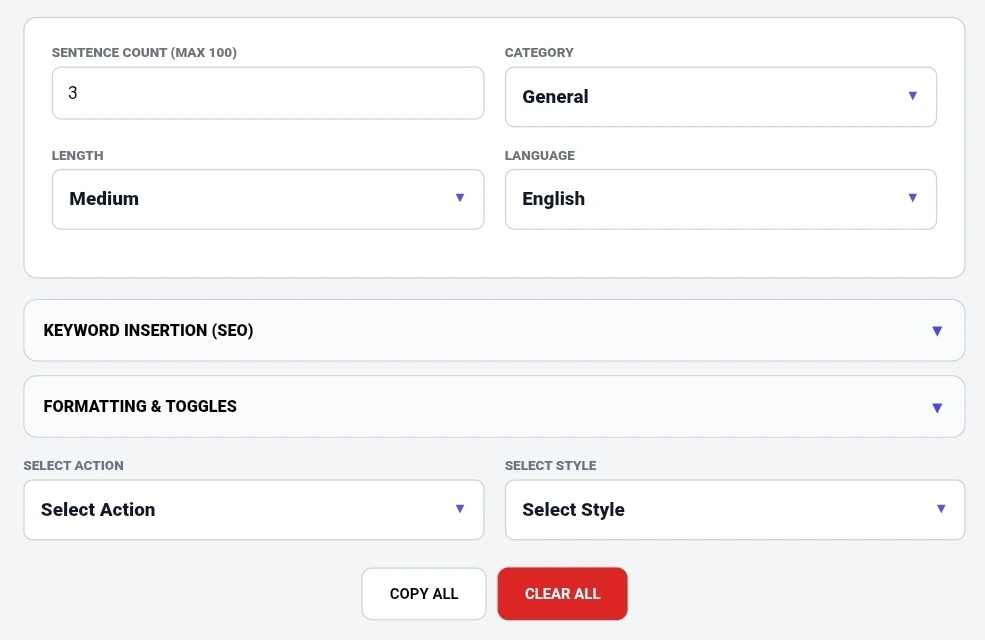 Random sentence generator showing sentence count slider, category selector, length control, language selector, keyword insertion panel for SEO, formatting toggles, select action dropdown, and select style dropdown